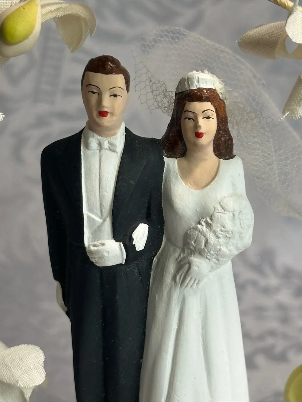 Vintage Bride & Groom Wedding Cake Topper Arch White Floral 6”